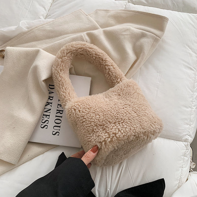 Women's Fashion Lamb Wool Plush Bucket Bag Handbag