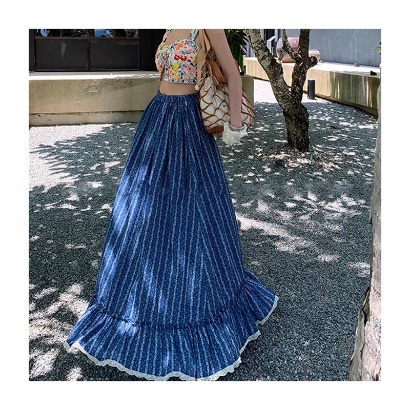 Blue And White Striped Skirt High Waist Slimming