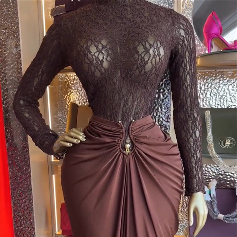 Sweet And Fresh Long-sleeve High-neck Lace Top With A High-waisted Sheath Skirt