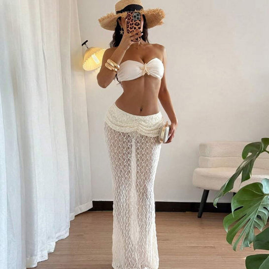 Womens Sexy Halter Top With Straps And Lace Long Skirt Two-Piece Set