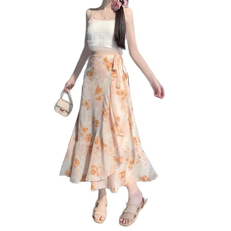 Summer Elegant Printed Chiffon Skirt One-Piece Lace-Up Apron