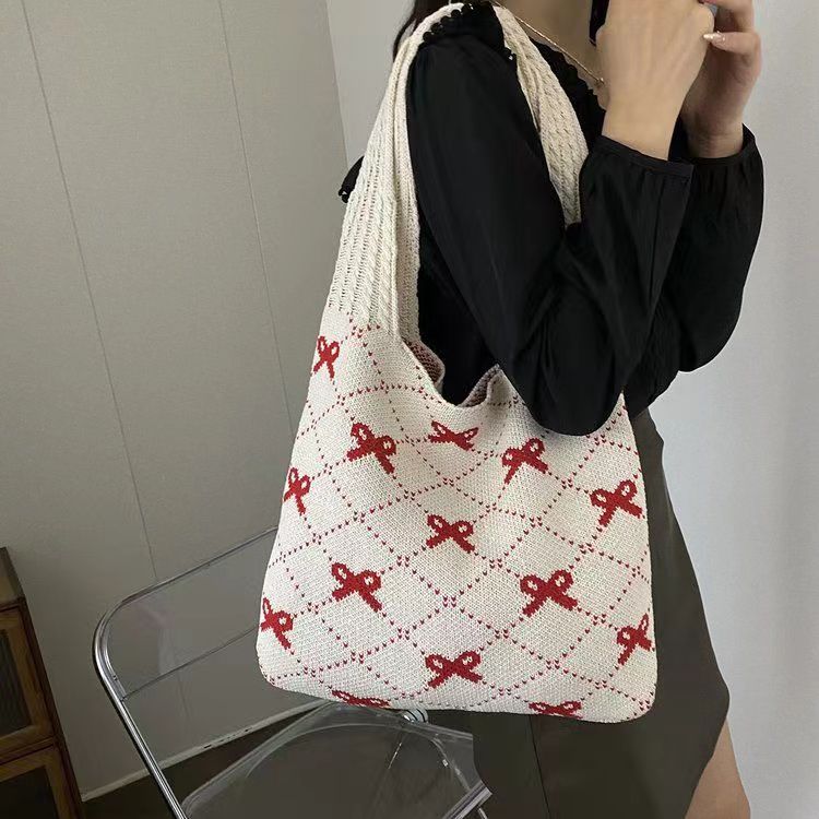 Bow High Sense Light Luxury Minority Shoulder Bag Casual Knitted Woven Bag