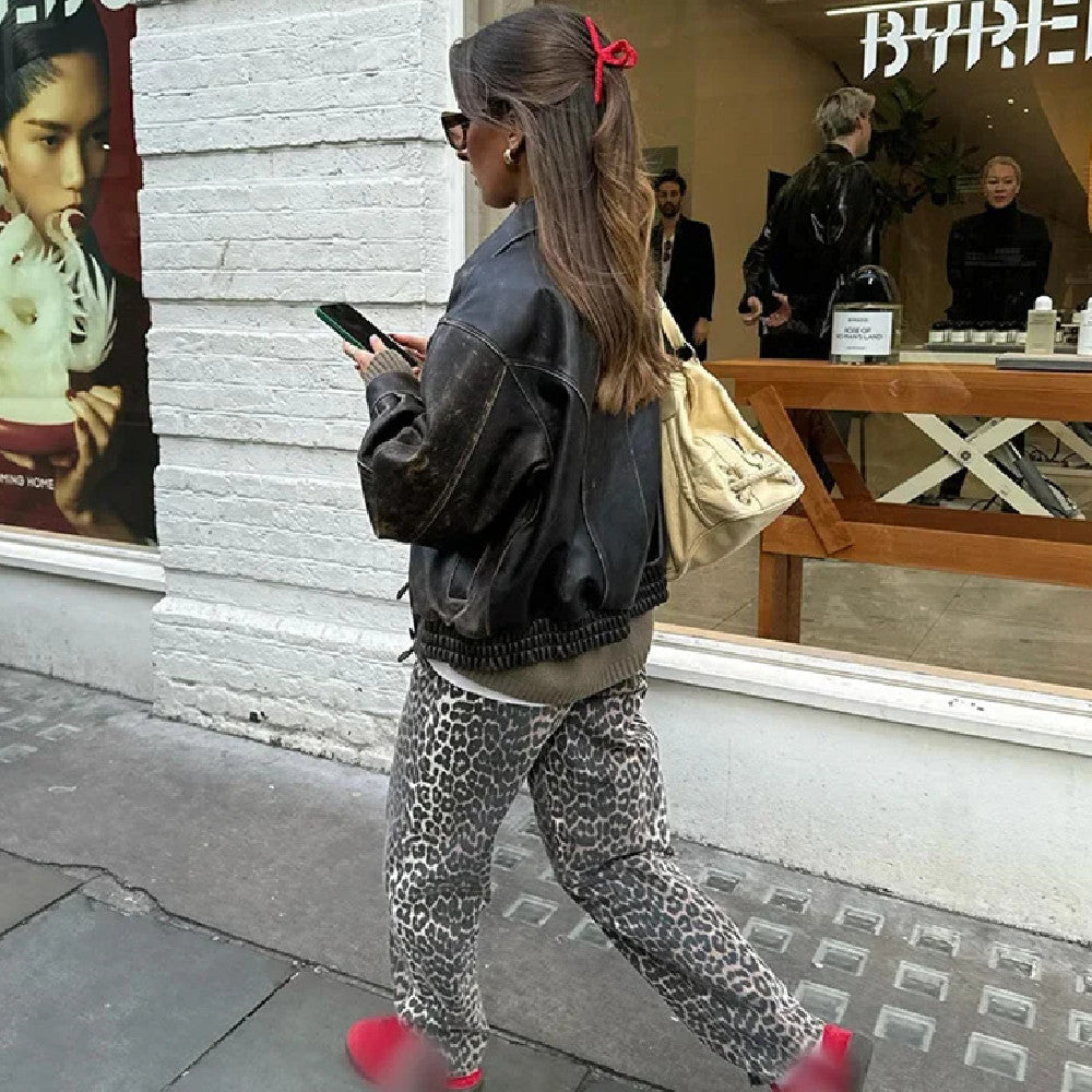 Dame Street Retro leopardprintede bukser med brede ben