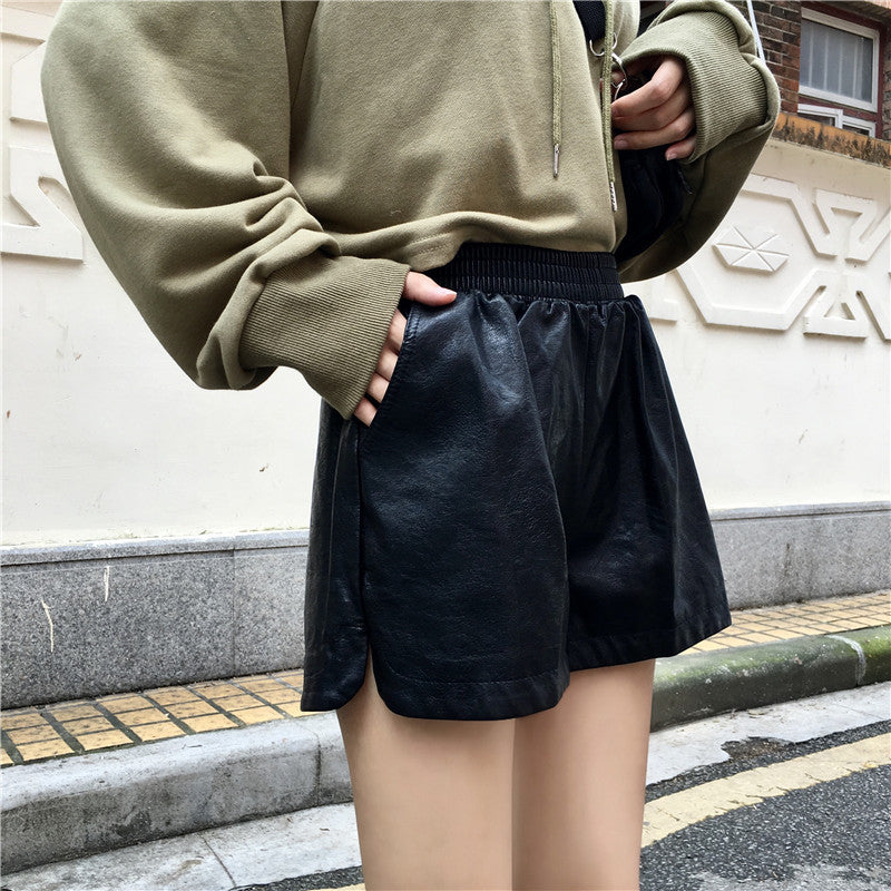 High Waist Small A-line Trendy Wide Leg Pants PU Leather Shorts