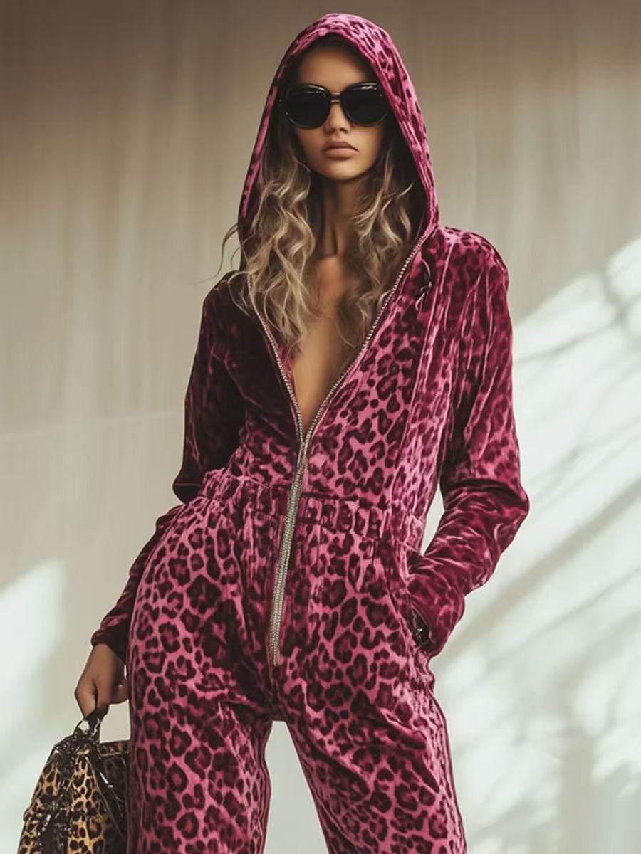Womens Hooded Long-sleeve Leopard-print Jumpsuit With Long Pants