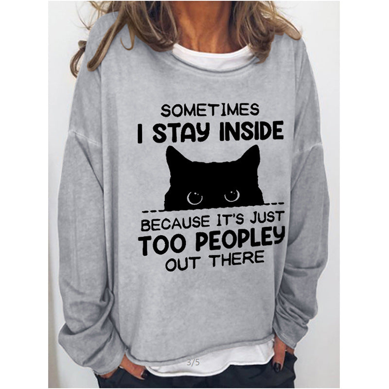 Black Cat English Round Neck Long-sleeved Pullover Top