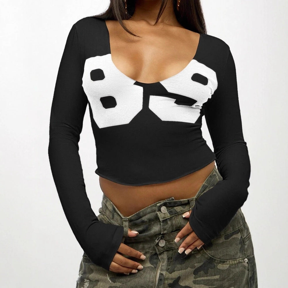 Printed Short-sleeve Slim-fit U-neck Top