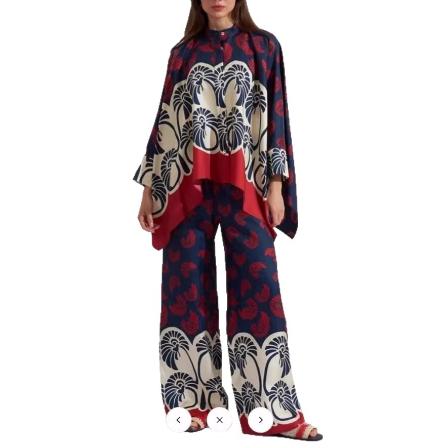Printed Patchwork Peplum Shirt And Wide-Leg Pants Set