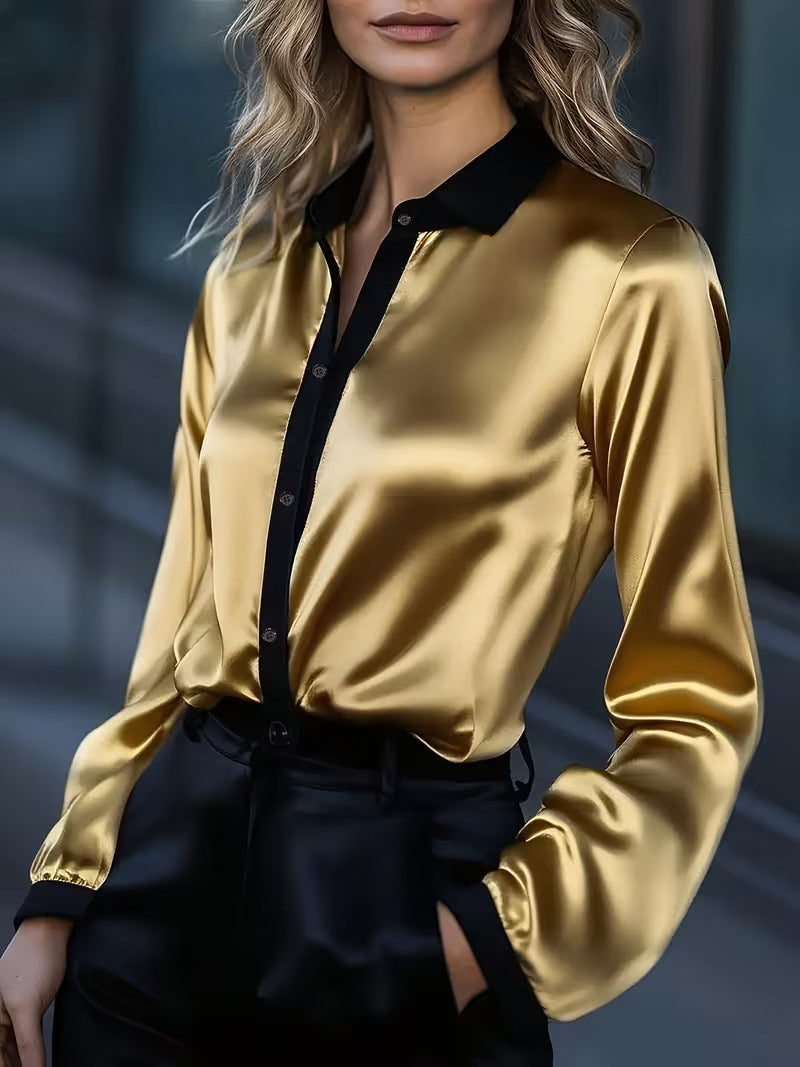 Womens Casual Loose Satin Color-Block Long-Sleeve Shirt
