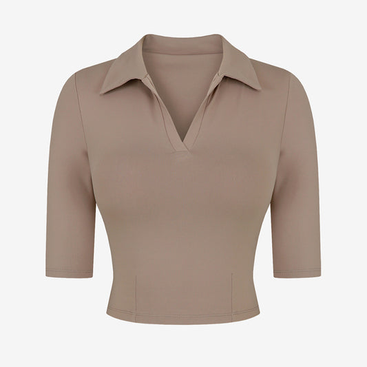 Sexy Slim Fit Short Sleeve Yoga Suit T-shirt Polo Collar Top Nylon Nude Feel Exercise Workout Clothes