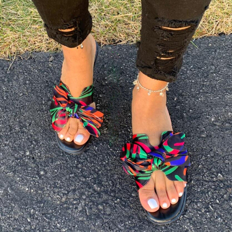 Flat printed bow sandals slippers