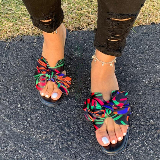 Flat printed bow sandals slippers