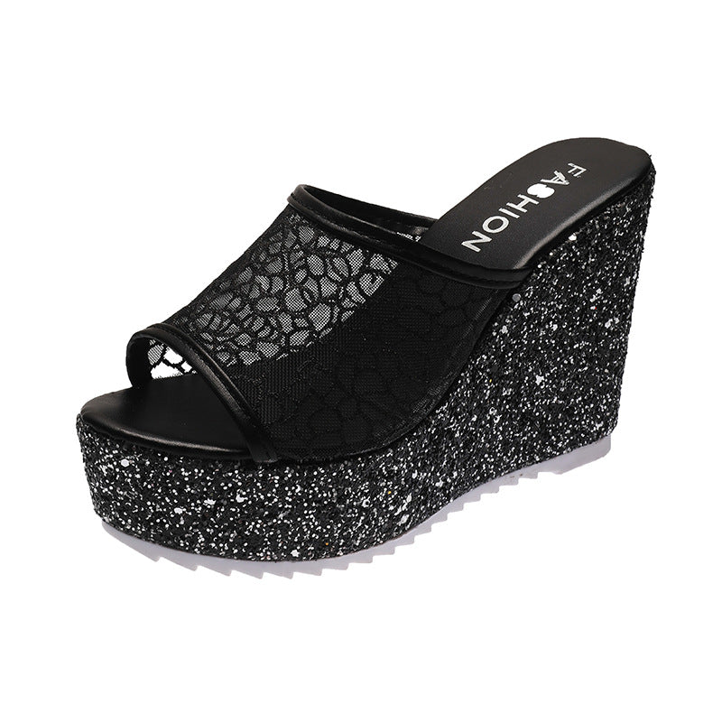 Women's Slope Heel Fishmouth Mesh Slippers