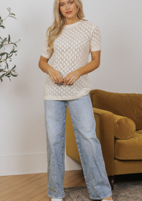 Beige Hollow Out Crochet O Neck Short Sleeve Sweater Tee