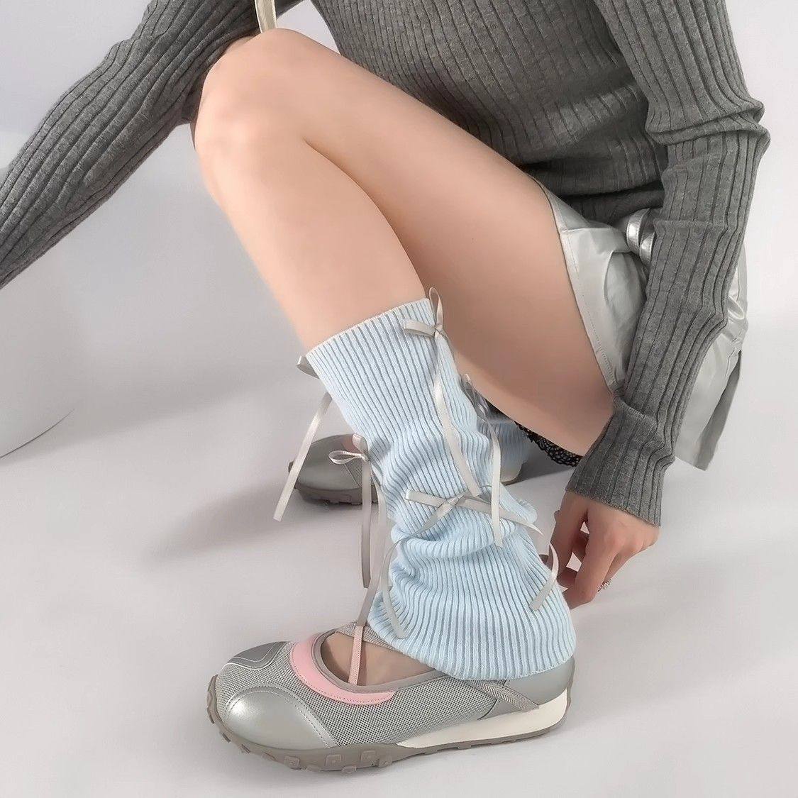 Womens Solid Color Bow Bow-Knot Mid-Calf Socks