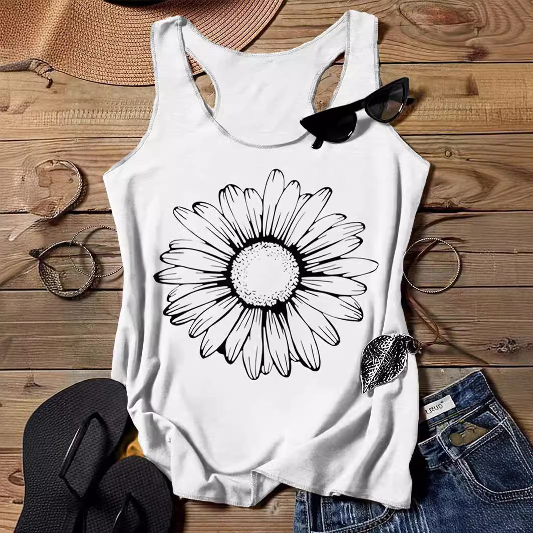 202 Casual Round Neck Narrow Edge Top Loose Sports Pattern Digital Printing Vest Women's Clothing