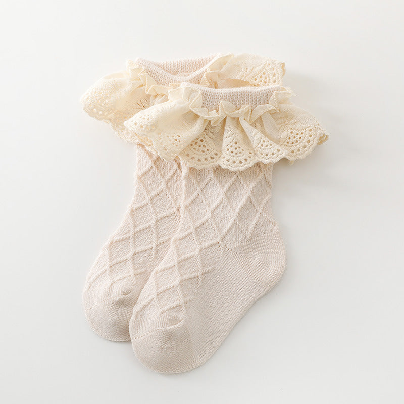 Korean Solid Lace Girls' Medium Tube Socks