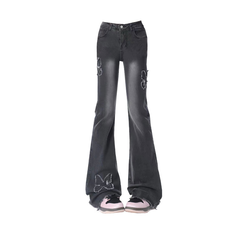 Vintage sommerfugl klistret stofbroderi jeans lige ben vidde bukser