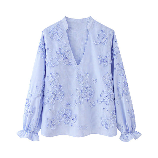 Textured Striped Plate Floral Poplin Long Sleeve Shirt