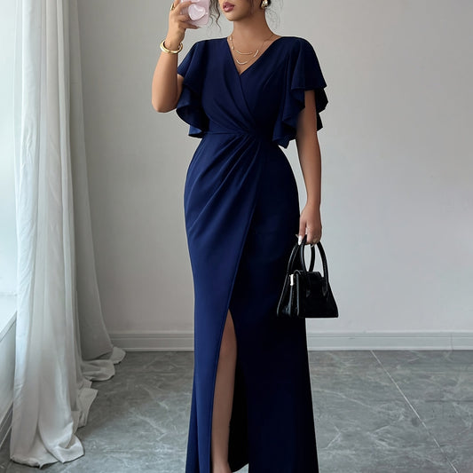 Lotus-Leaf Sleeve V-Neck Waist-Cinching Slim-Fit Long Dress