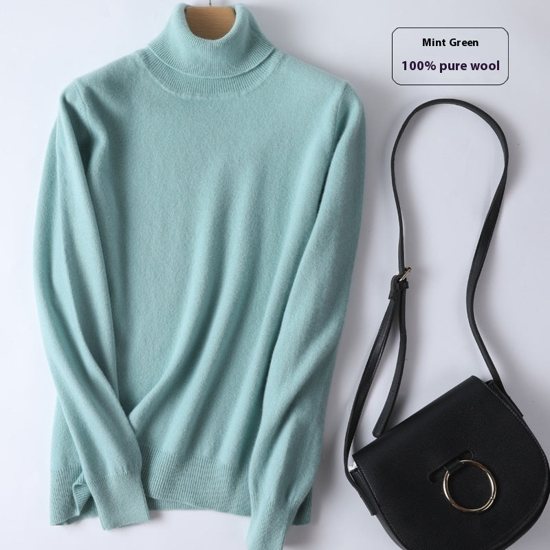Pure Wool Sweater Women's Turtleneck Pullover Solid Color Loose Short