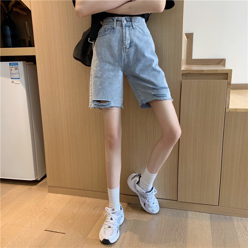 High-waisted slim-hole ruffled five point jeans