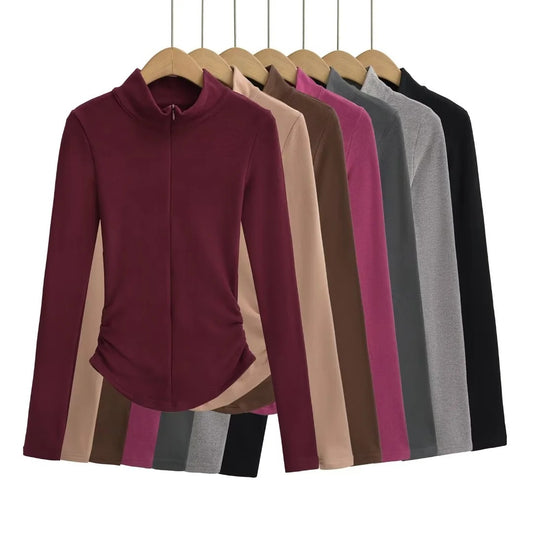 High Collar Half Zipper Stretch Slim-fit Thin Velvet Long Sleeve