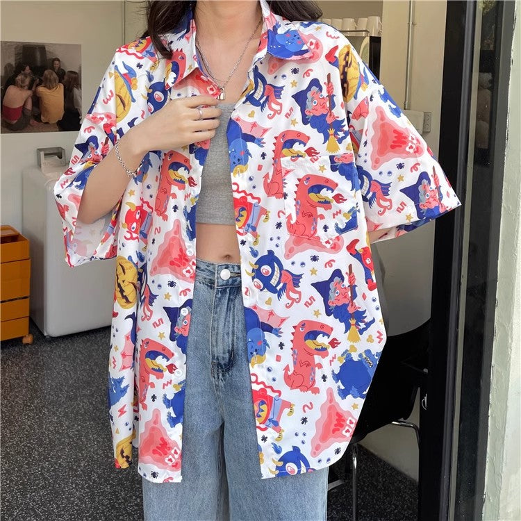 Summer Retro Full Printed Short-sleeved Shirt For Women