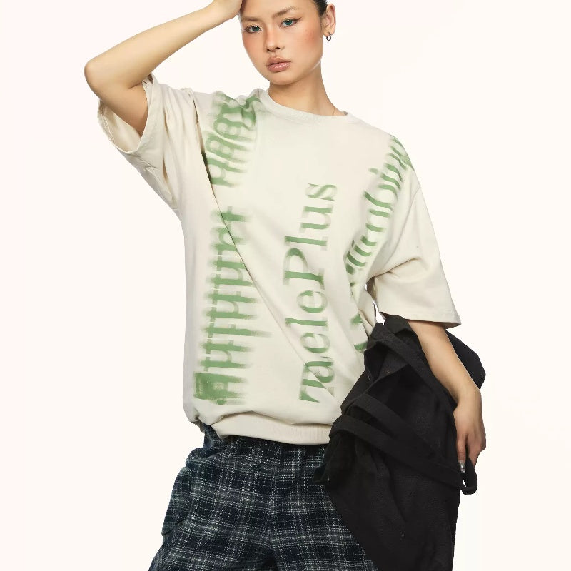Fuzzy Font Round Neck Short Sleeve Retro Distressed