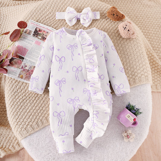 Baby Creative Bowknot Printed Long Sleeve Jumpsuit Suit
