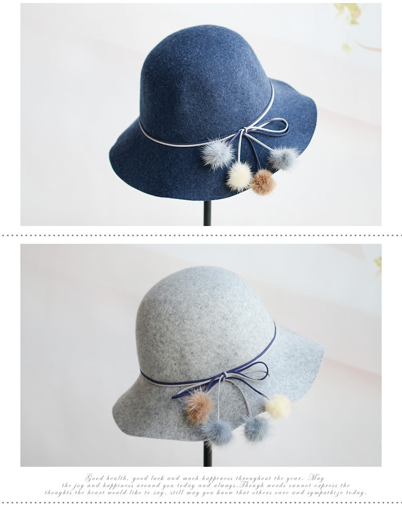 Woolen Warm Fisherman Hat Korean All-matching Basin Hat Lady Felt Cap Mink Fur Ball Billycock