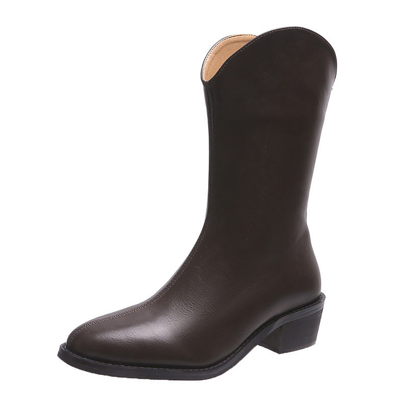 Pointed Mid-tube Thick Heel Short Boots