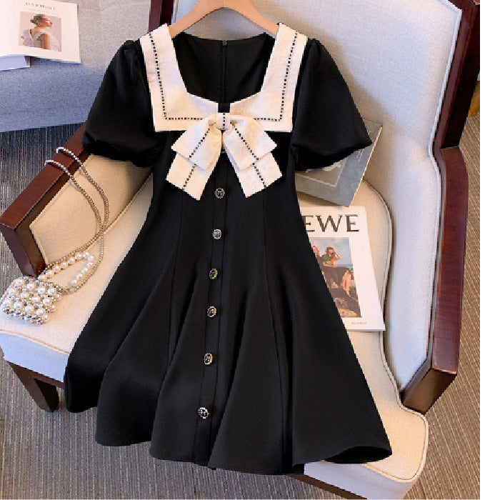 Womens French-style Casual Square-neck Short-sleeve Dress