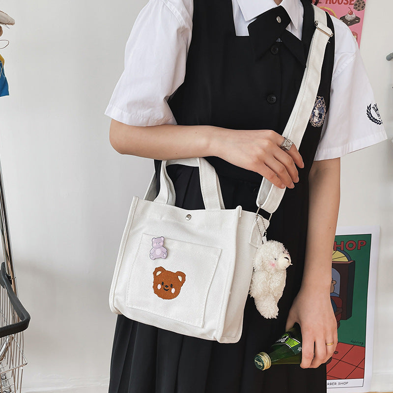 Cute And Funny Personality Embroidery Bear Soft Girl Canvas Messenger Bag