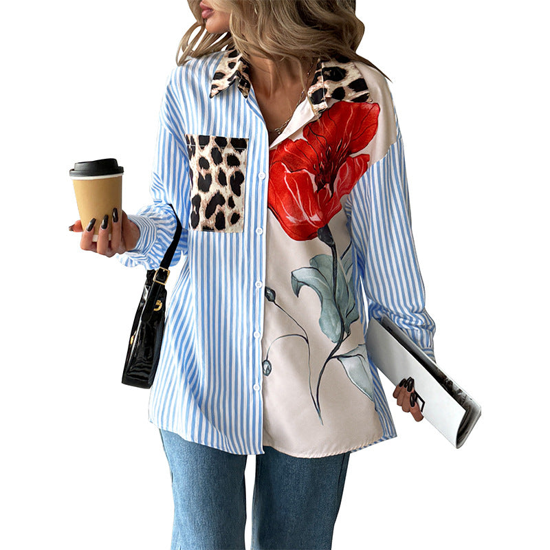 Leisure Vacation Personality Trendy Style Printed Striped Stitching Shirt For Women