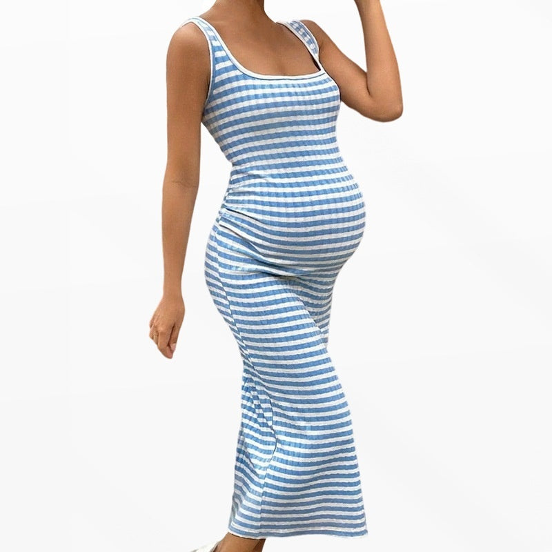 Summer Slim-fit Square-neck Striped Dress