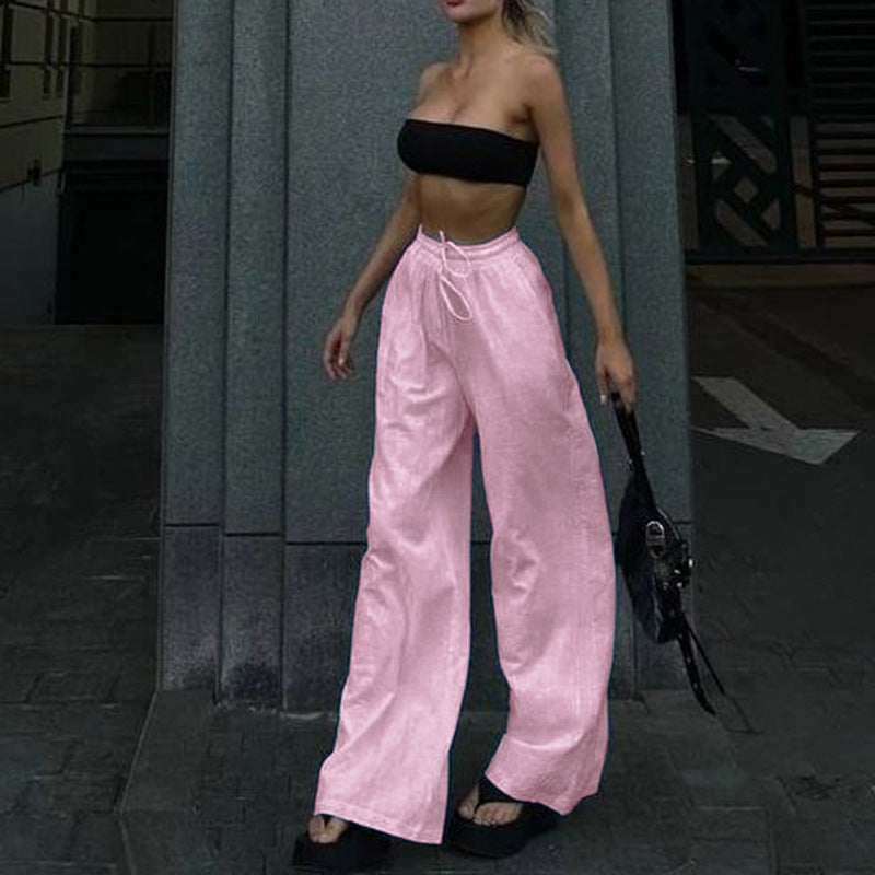 Simple Style Casual All-matching Drawstring Lace-up Small Wrinkle Trousers For Women