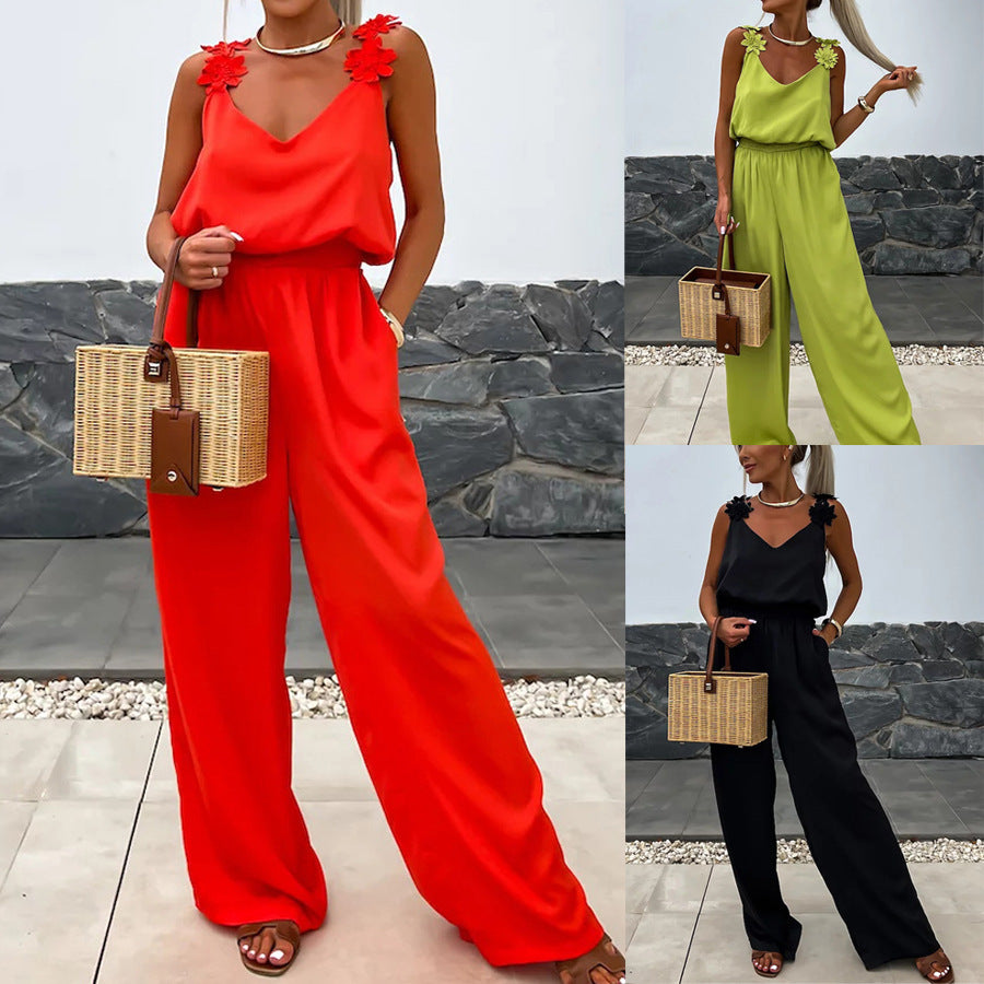 Spring And Summer New Suspender Sleeveless Pocket Jumpsuit Casual Loose