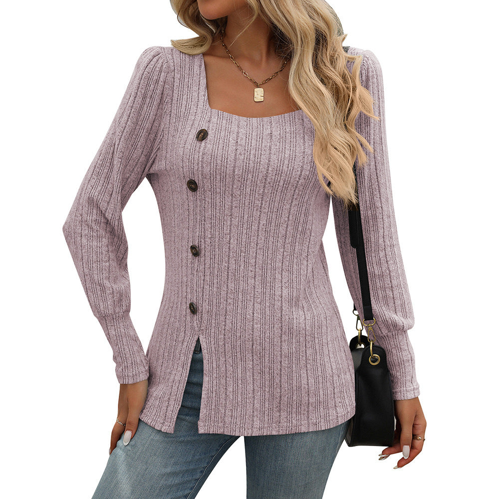 New Square Collar Sunken Stripe Brushed Solid Color Top Long Sleeve