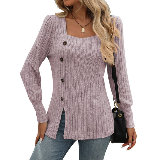 New Square Collar Sunken Stripe Brushed Solid Color Top Long Sleeve