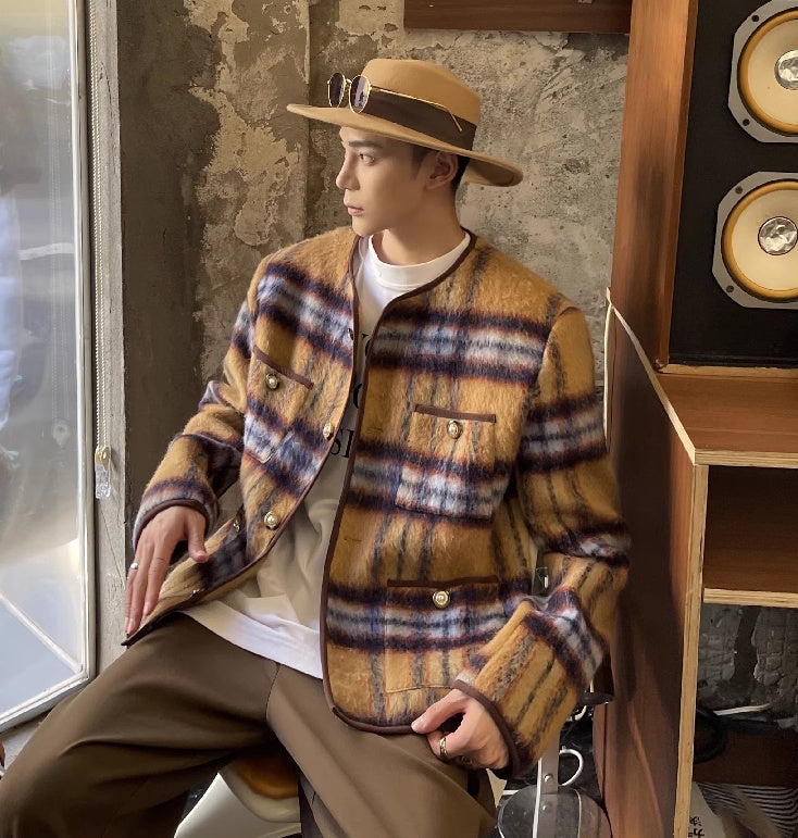 Mohair Plaid Vintage Long Woolen Collarless Jacket