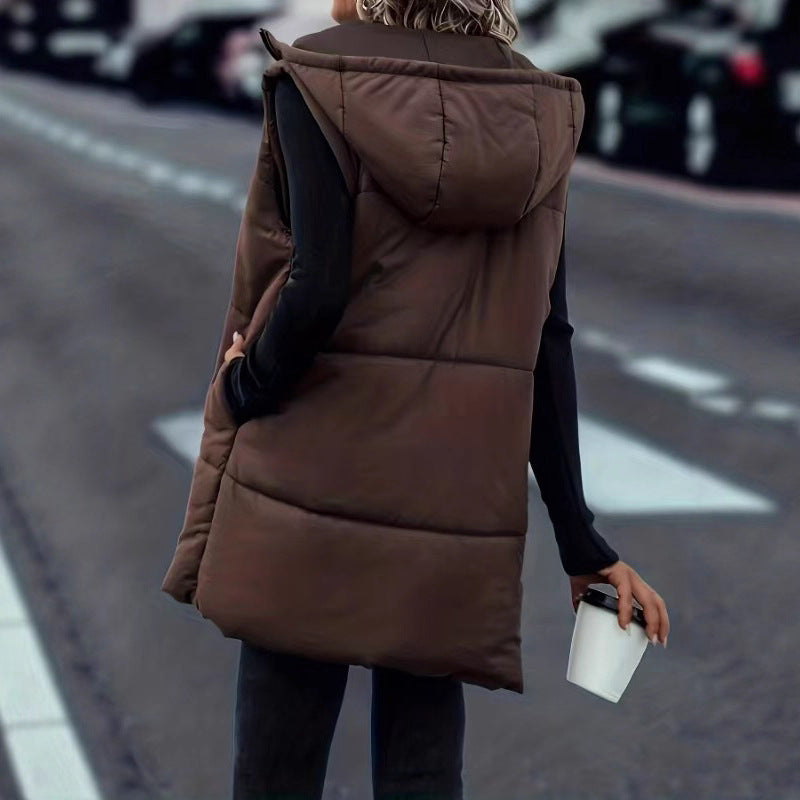 European And American Autumn And Winter Vest Fashion Solid Color Zipper Hooded