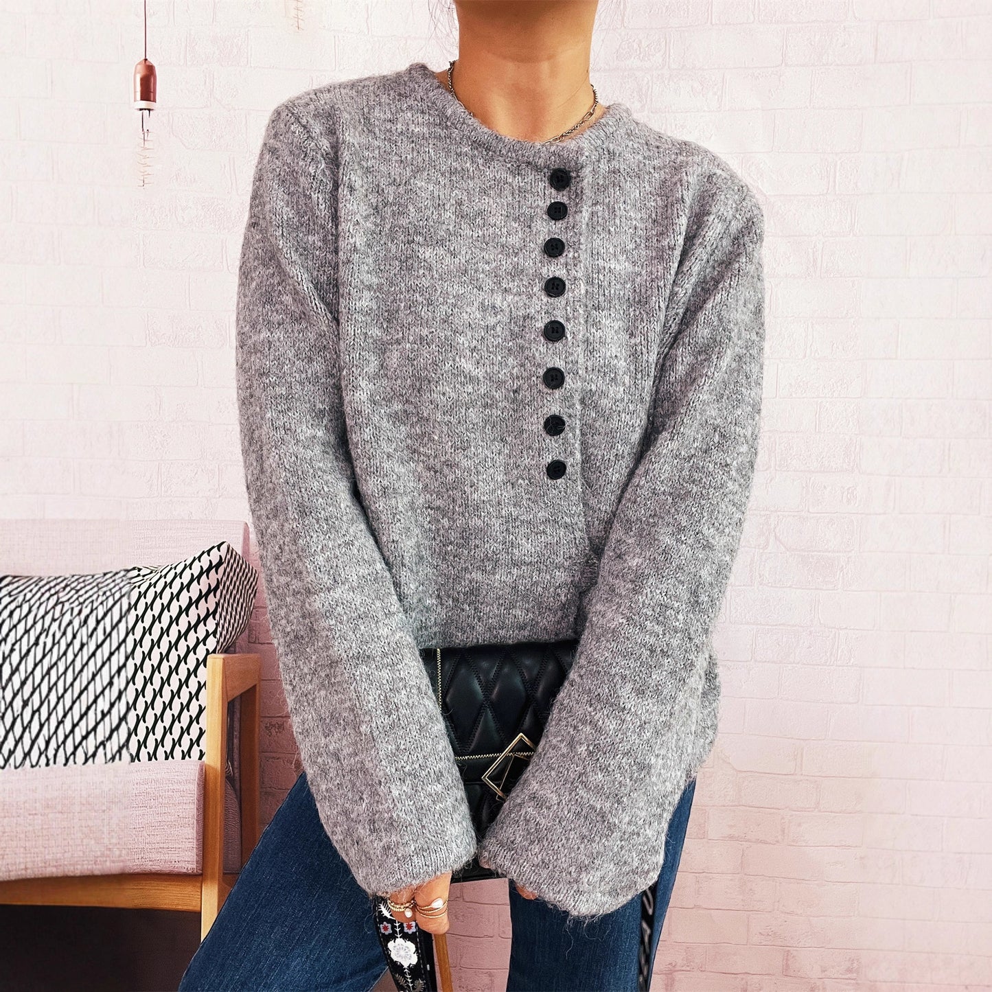 Elegant Commuter Single-breasted Strap Knitwear Slim Fit Sweater