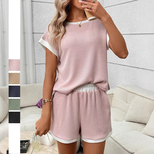 Color-Block Fashion Womens Set Crew-Neck Short-Sleeve Top And Shorts