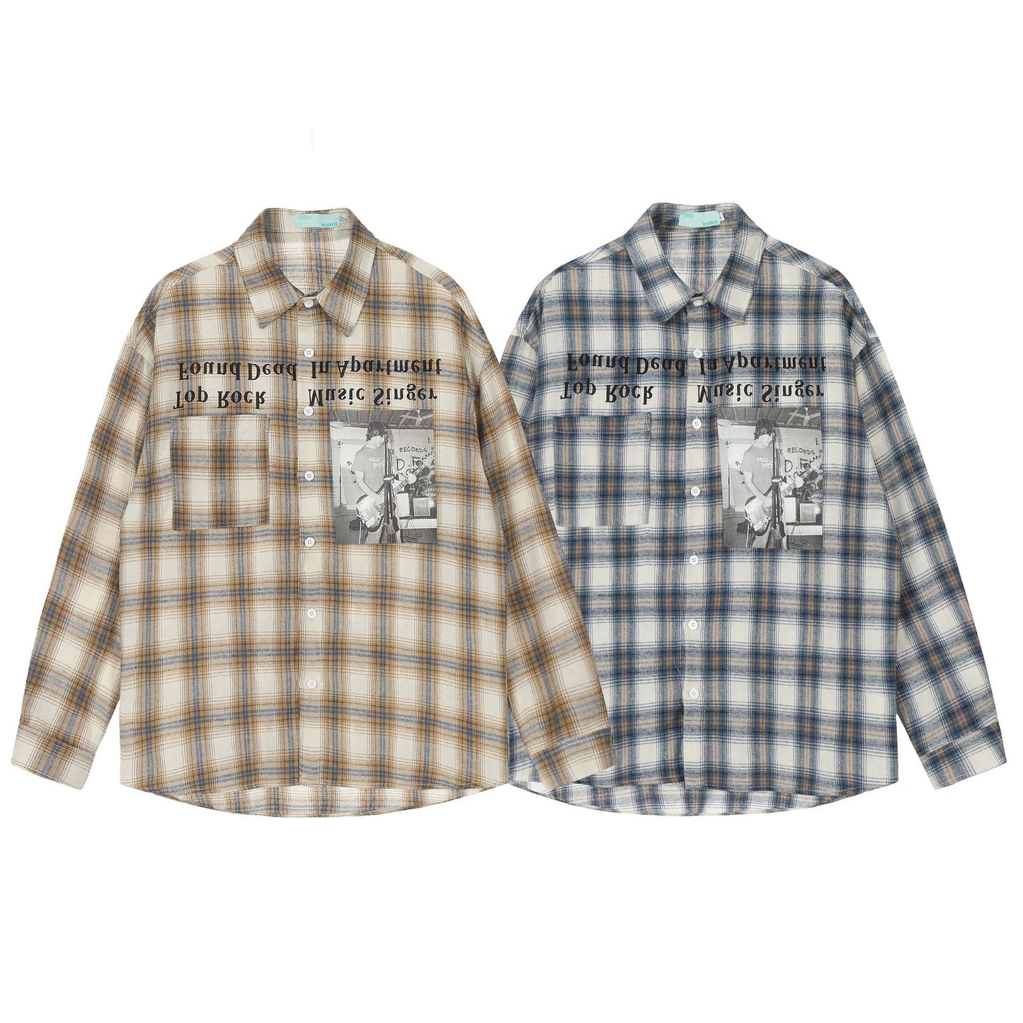 Character Letter Printed Long Sleeve Plaid Shirt Fashion Brand Stand Collar Plaid Shirt