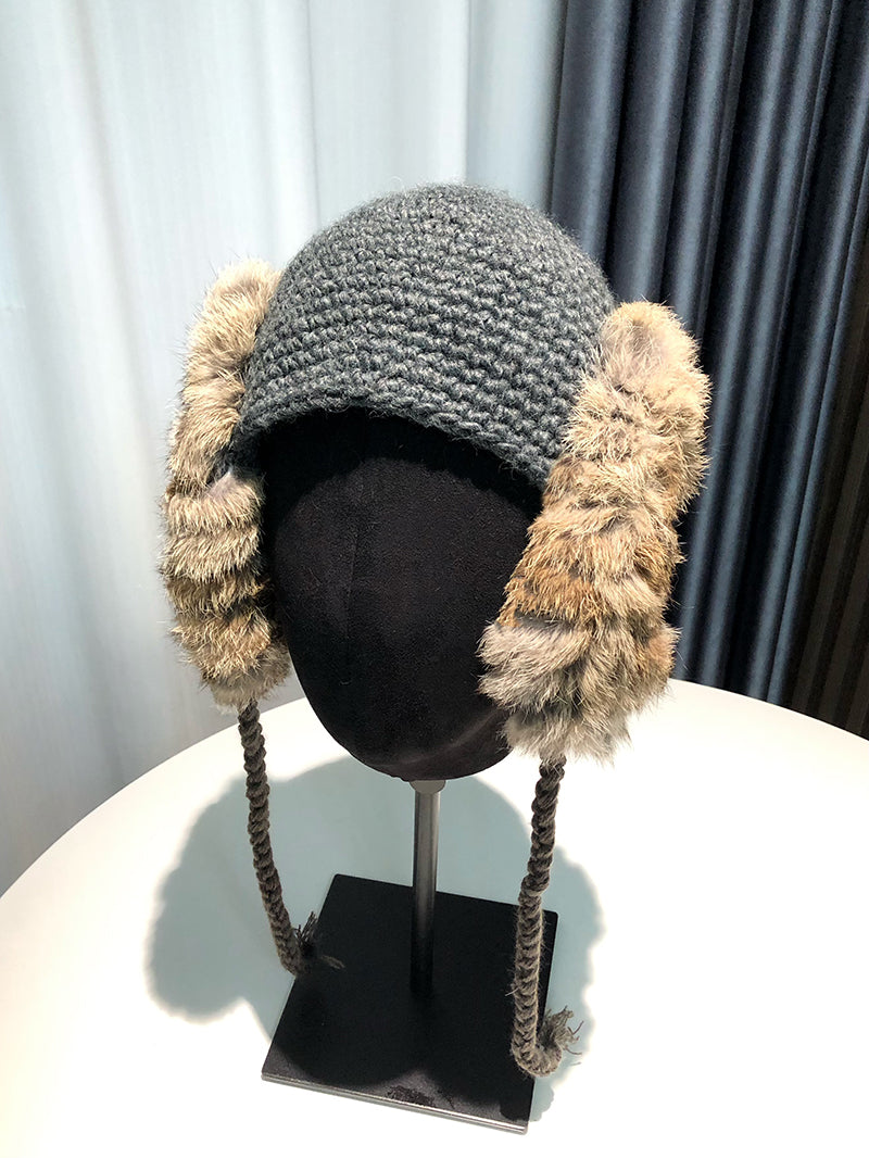 Women's Furry Double Ear Protection Rabbit Wool Beanie Hat