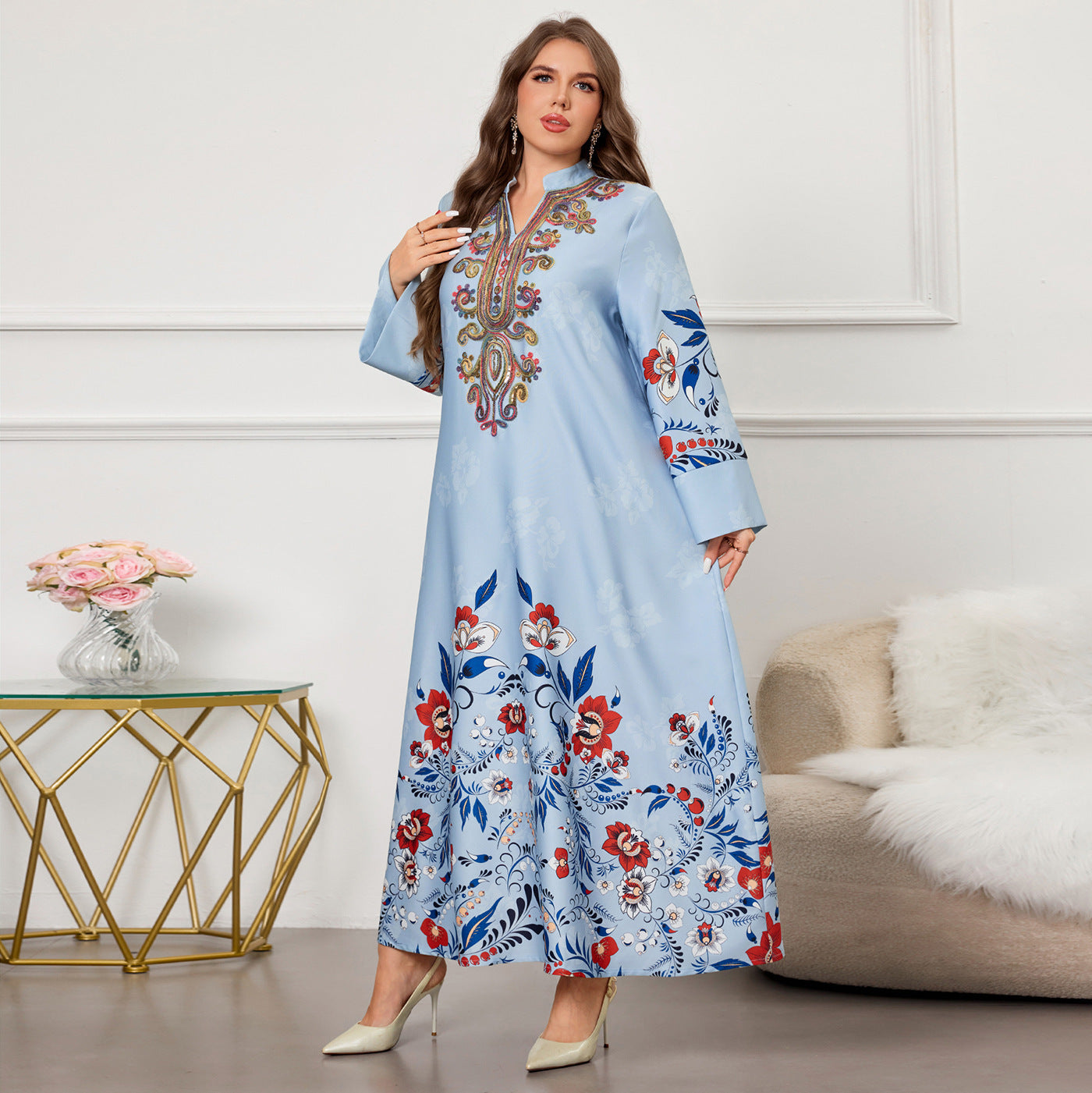 Womens Long-sleeve Printed And Embroidered Dress