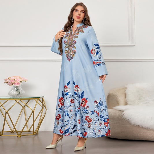 Womens Long-sleeve Printed And Embroidered Dress