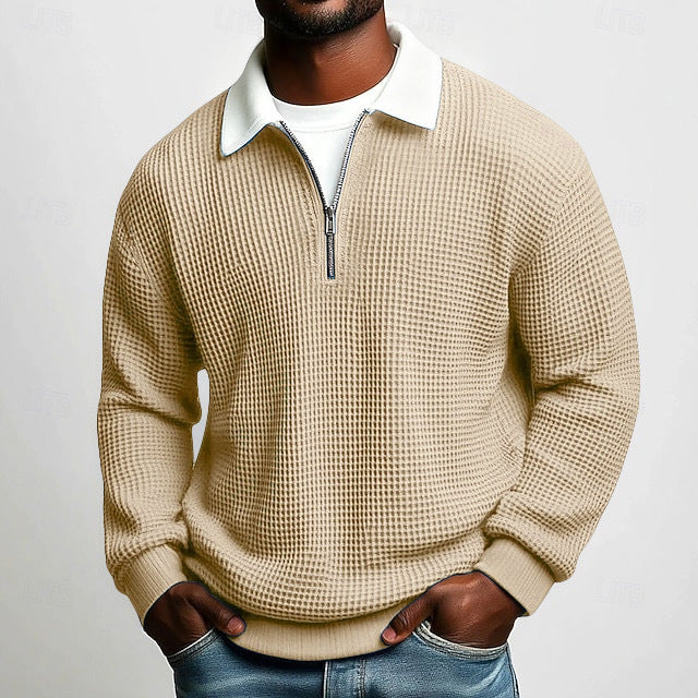 Men's Solid-Color Waffle-Weave Long-Sleeve Lapel Zip-Up Business Polo Shirt Spring Fall Zipper T-shirts Tops For Daily Wear