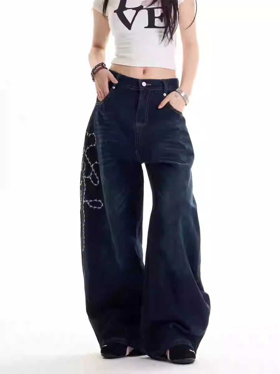 American Retro Hot Girl Embroidered Machete Jeans